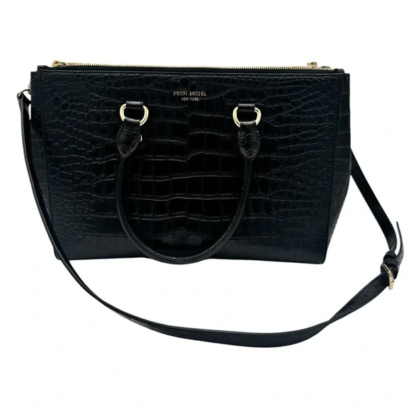 Henri Bendel Black Satchel with Croc-Embossed Leather - Picture 1 of 9